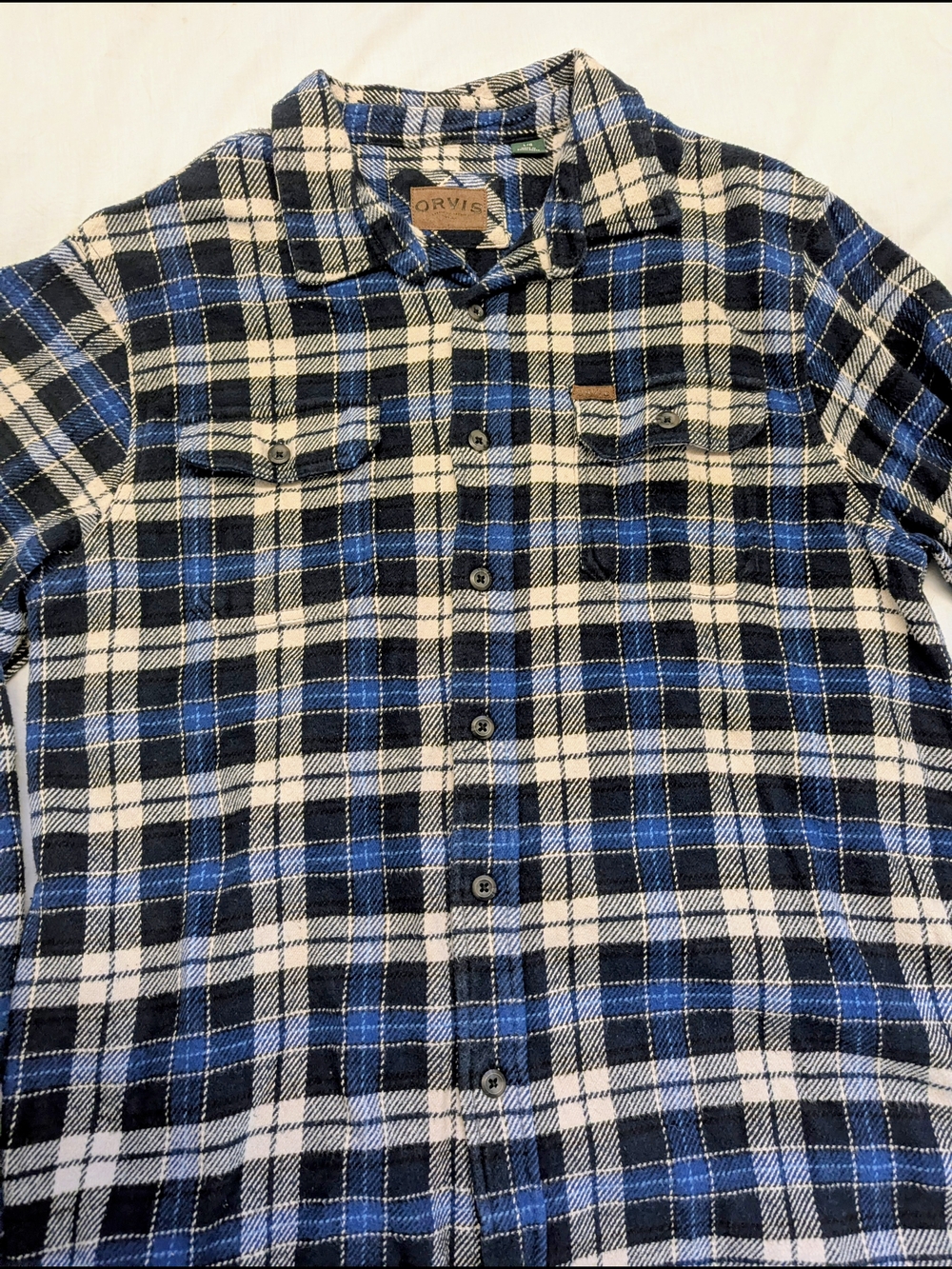 Orvis Men's Blue and Black Plaid Button-Up Shirt